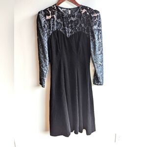 Vintage Piaf Velvet Burnout Midi Dress Sweetheart 80s Cocktail Black witchy goth